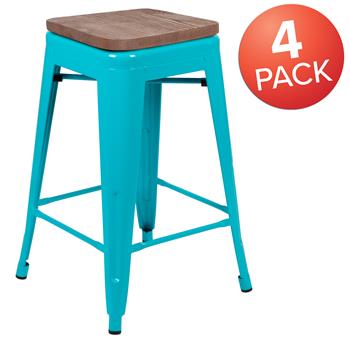 Flash Furniture 24&quot; High Indoor Bar Stool With Wood Seat, Teal, Stackable, 4/ST