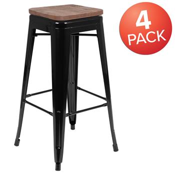 Flash Furniture 30&quot; High Metal Indoor Bar Stool With Wood Seat, Black, Stackable, 4/ST