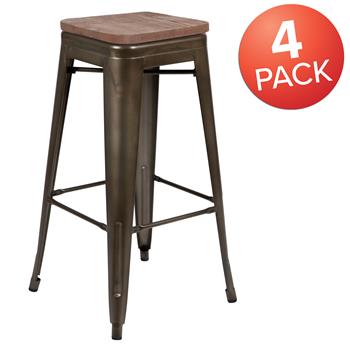Flash Furniture 30&quot; High Metal Indoor Bar Stool With Wood Seat, Gun Metal Gray, Stackable, 4/ST