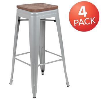 Flash Furniture 30&quot; High Metal Indoor Bar Stool With Wood Seat, Silver, Stackable, 4/ST