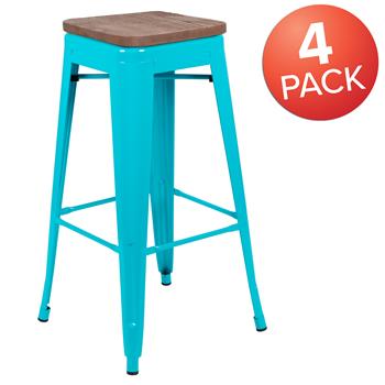 Flash Furniture 30&quot; High Metal Indoor Bar Stool With Wood Seat, Teal, Stackable, 4/ST