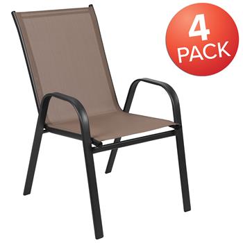 Flash Furniture Brazos Series Brown Outdoor Stack Chair With Flex Comfort Material And Metal Frame, Set Of 4