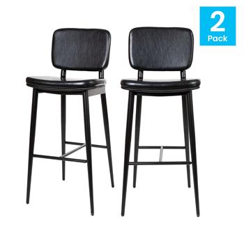 Flash Furniture Kenzie Mid-Back Barstools, Black Leathersoft Upholstery, Black Iron Frame with Integrated Footrest, Set of 2