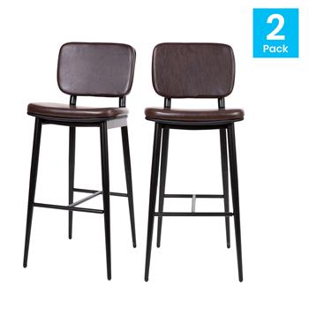 Flash Furniture Kenzie Mid-Back Barstools, Brown Leathersoft Upholstery, Black Iron Frame with Integrated Footrest, Set of 2