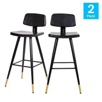 Flash Furniture Kora Low Back Barstools, Black Leathersoft Upholstery, Black Iron Frame with Integrated Footrest, Gold Tipped Legs, Set of 2