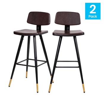 Flash Furniture Kora Low Back Barstools, Brown Leathersoft Upholstery, Black Iron Frame with Integrated Footrest, Gold Tipped Legs, Set of 2