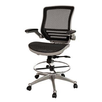 Flash Furniture Drafting Chair, Mid-Back, Graphite Silver Frame, Flip-Up Arms, Transparent Black Mesh