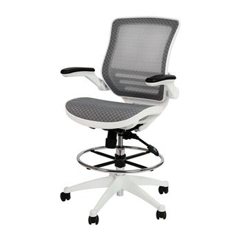 Flash Furniture Drafting Chair, Mid-Back, White Frame, Flip-Up Arms, Transparent Gray Mesh