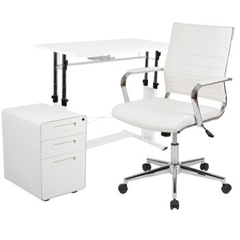 Flash Furniture Work From Home Kit, White Computer Desk, Office Chair And Inset Handle Locking Mobile Filing Cabinet
