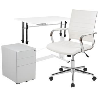 Flash Furniture Work From Home Kit, White Computer Desk, Leathersoft Office Chair And Side Handle Locking Mobile Filing Cabinet