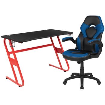 Flash Furniture Red Gaming Desk And Blue/Black Racing Chair Set With Cup Holder/Headphone Hook