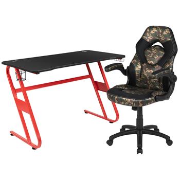 Flash Furniture Red Gaming Desk And Camouflage/Black Racing Chair Set With Cup Holder/Headphone Hook