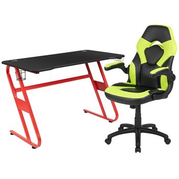 Flash Furniture Red Gaming Desk And Green/Black Racing Chair Set With Cup Holder/Headphone Hook