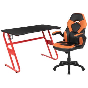 Flash Furniture Red Gaming Desk And Orange/Black Racing Chair Set With Cup Holder/Headphone Hook