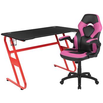 Flash Furniture Red Gaming Desk And Pink/Black Racing Chair Set With Cup Holder/Headphone Hook