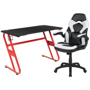 Flash Furniture Red Gaming Desk And White/Black Racing Chair Set With Cup Holder/ Headphone Hook
