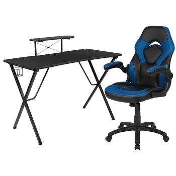 Flash Furniture Black Gaming Desk And Blue/Black Racing Chair Set With Monitor/Smartphone Stand