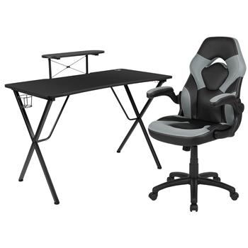 Flash Furniture Black Gaming Desk And Gray/Black Racing Chair Set With Monitor/Smartphone Stand