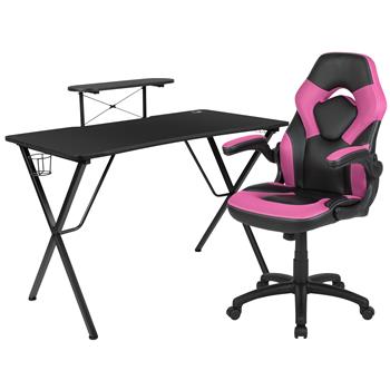 Flash Furniture Black Gaming Desk And Pink/Black Racing Chair Set With Monitor/Smartphone Stand