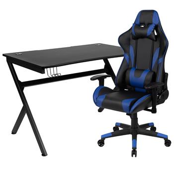 Flash Furniture Black Gaming Desk And Blue/Black Reclining Gaming Chair Set, 2 Wire Management Holes