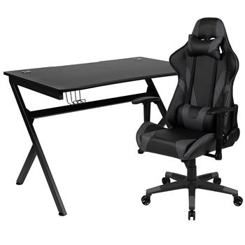 Flash Furniture Black Gaming Desk And Gray/Black Reclining Gaming Chair Set, 2 Wire Management Holes