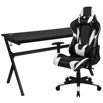 Flash Furniture Gaming Desk And Black Reclining Gaming Chair Set, Removable Mouse Pad Top/Wire Management