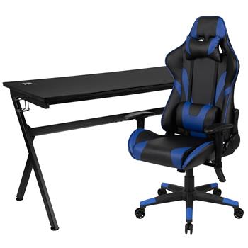 Flash Furniture Gaming Desk And Blue/Black Reclining Gaming Chair Set, Removable Mouse Pad Top/Wire Management