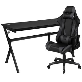 Flash Furniture Gaming Desk And Gray/Black Reclining Gaming Chair Set, Removable Mouse Pad Top/Wire Management