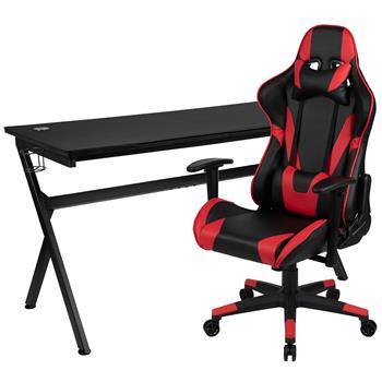 Flash Furniture 55&quot; Black Gaming Desk And Red/Black Reclining Gaming Chair Set With Cup Holder, Headphone Hook, Removable Mouse Pad Top, Wire Management