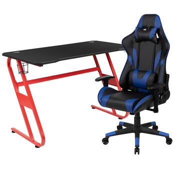 Flash Furniture Red Gaming Desk And Blue Reclining Gaming Chair Set With Cup Holder/ Headphone Hook