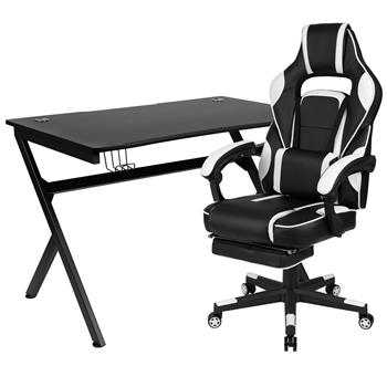 Flash Furniture Black Gaming Desk With 2 Wire Management Holes And White Reclining Gaming Chair With Footrest