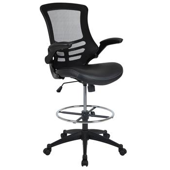 Flash Furniture Mid-Back Black Mesh Ergonomic Drafting Chair With LeatherSoft Seat, Adjustable Foot Ring And Flip-Up Arms