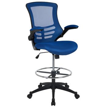Flash Furniture Mid-Back Blue Mesh Ergonomic Drafting Chair With Adjustable Foot Ring And Flip-Up Arms