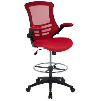 Flash Furniture Mid-Back Red Mesh Ergonomic Drafting Chair With Adjustable Foot Ring And Flip-Up Arms
