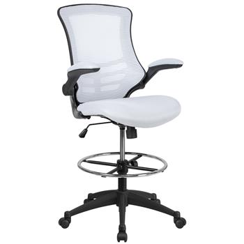 Flash Furniture Mid-Back White Mesh Ergonomic Drafting Chair With Adjustable Foot Ring And Flip-Up Arms
