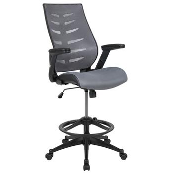 Flash Furniture High Back Dark Gray Mesh Spine-Back Ergonomic Drafting Chair With Adjustable Foot Ring And Adjustable Flip-Up Arms