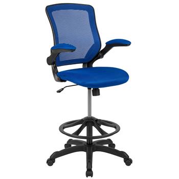 Flash Furniture Mid-Back Blue Mesh Ergonomic Drafting Chair With Adjustable Foot Ring And Flip-Up Arms