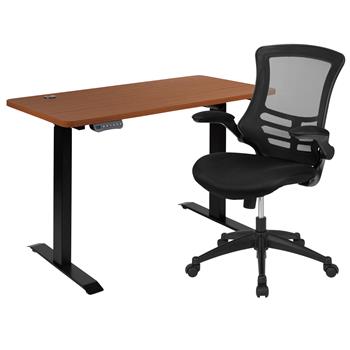 Flash Furniture Mahogany Electric Standing Desk With Mesh Ergonomic Task Chair, 48&quot;W X 24&quot;D
