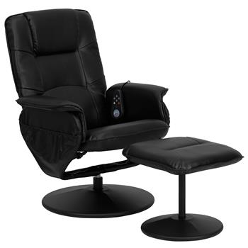 Flash Furniture Massaging Adjustable Recliner With Deep Side Pockets &amp; Ottoman With Wrapped Base In Black LeatherSoft