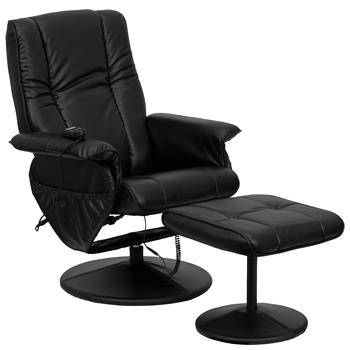 Flash Furniture Massaging Heat Controlled Adjustable Recliner &amp; Ottoman With Wrapped Base In Black LeatherSoft