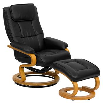 Flash Furniture Contemporary Multi-Position Recliner and Ottoman with Swivel Maple Wood Base in Black Leather