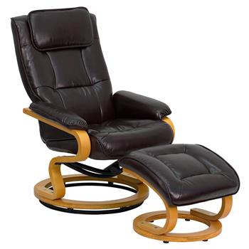 Flash Furniture Contemporary Multi-Position Recliner and Ottoman with Swivel Maple Wood Base in Brown LeatherSoft