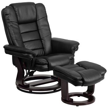Flash Furniture Contemporary Multi-Position Leather Recliner and Ottoman with Swivel, Mahogany Wood/Black
