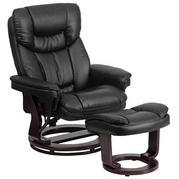 Flash Furniture Contemporary Multi-Position Recliner &amp; Curved Ottoman With Swivel Mahogany Wood Base In Black LeatherSoft