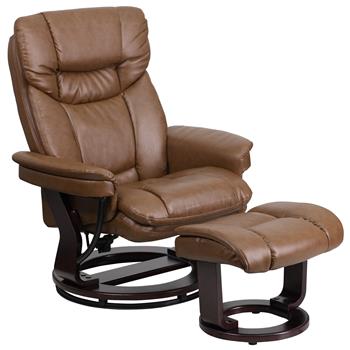 Flash Furniture Contemporary Multi-Position Recliner &amp; Curved Ottoman With Swivel Mahogany Wood Base In Palimino LeatherSoft