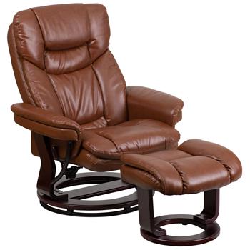 Flash Furniture Contemporary Multi-Position Recliner &amp; Curved Ottoman With Swivel Mahogany Wood Base In Brown Vintage LeatherSoft