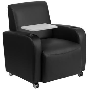 Flash Furniture Guest Chair with Tablet Arm, Front Wheel Casters and Cup Holder, Leather, Black