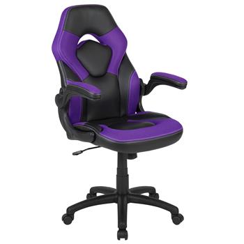 Flash Furniture X10 Ergonomic Racing-Style Gaming Chair, Swivel Chair With Flip-Up Arms, Leathersoft, Purple/Black