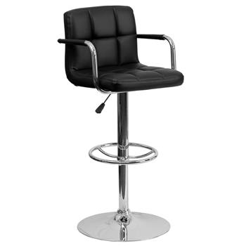 Flash Furniture Contemporary Adjustable Height Barstool with Arms and Chrome Base, Quilted Vinyl, Black