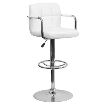 Flash Furniture Contemporary Adjustable Height Barstool with Arms and Chrome Base, Quilted Vinyl, White